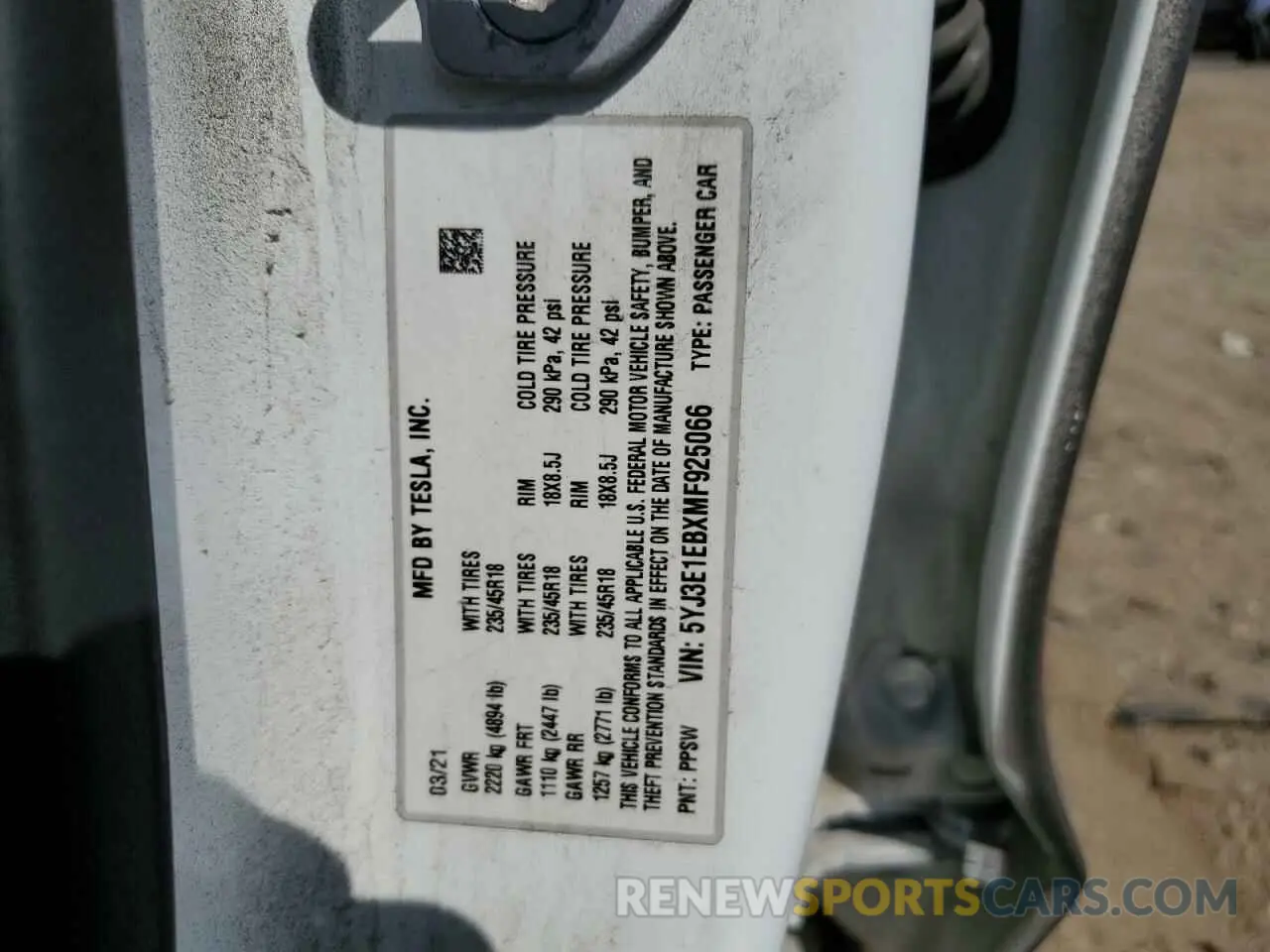 12 Photograph of a damaged car 5YJ3E1EBXMF925066 TESLA MODEL 3 2021