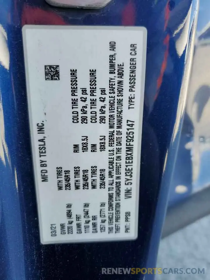 12 Photograph of a damaged car 5YJ3E1EBXMF925147 TESLA MODEL 3 2021
