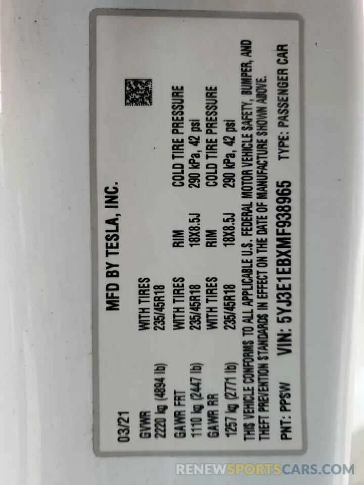 13 Photograph of a damaged car 5YJ3E1EBXMF938965 TESLA MODEL 3 2021