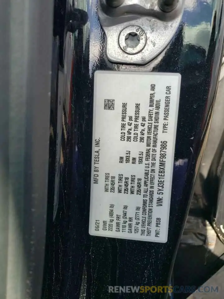 12 Photograph of a damaged car 5YJ3E1EBXMF987986 TESLA MODEL 3 2021