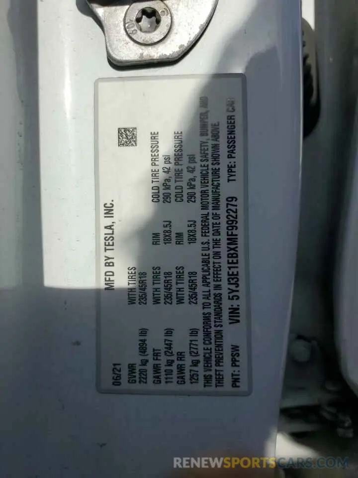 12 Photograph of a damaged car 5YJ3E1EBXMF992279 TESLA MODEL 3 2021