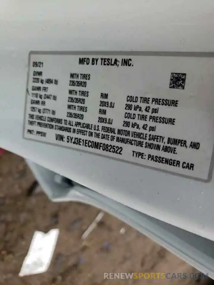 10 Photograph of a damaged car 5YJ3E1EC0MF082522 TESLA MODEL 3 2021