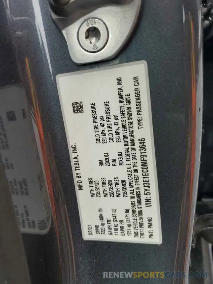 12 Photograph of a damaged car 5YJ3E1EC0MF913646 TESLA MODEL 3 2021