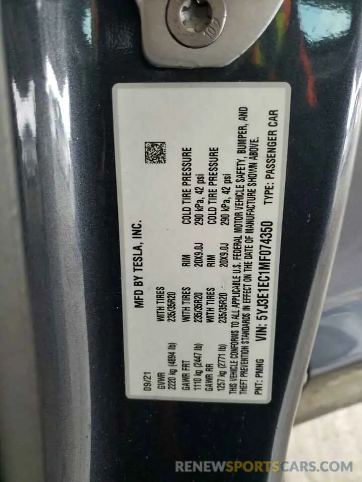 15 Photograph of a damaged car 5YJ3E1EC1MF074350 TESLA MODEL 3 2021