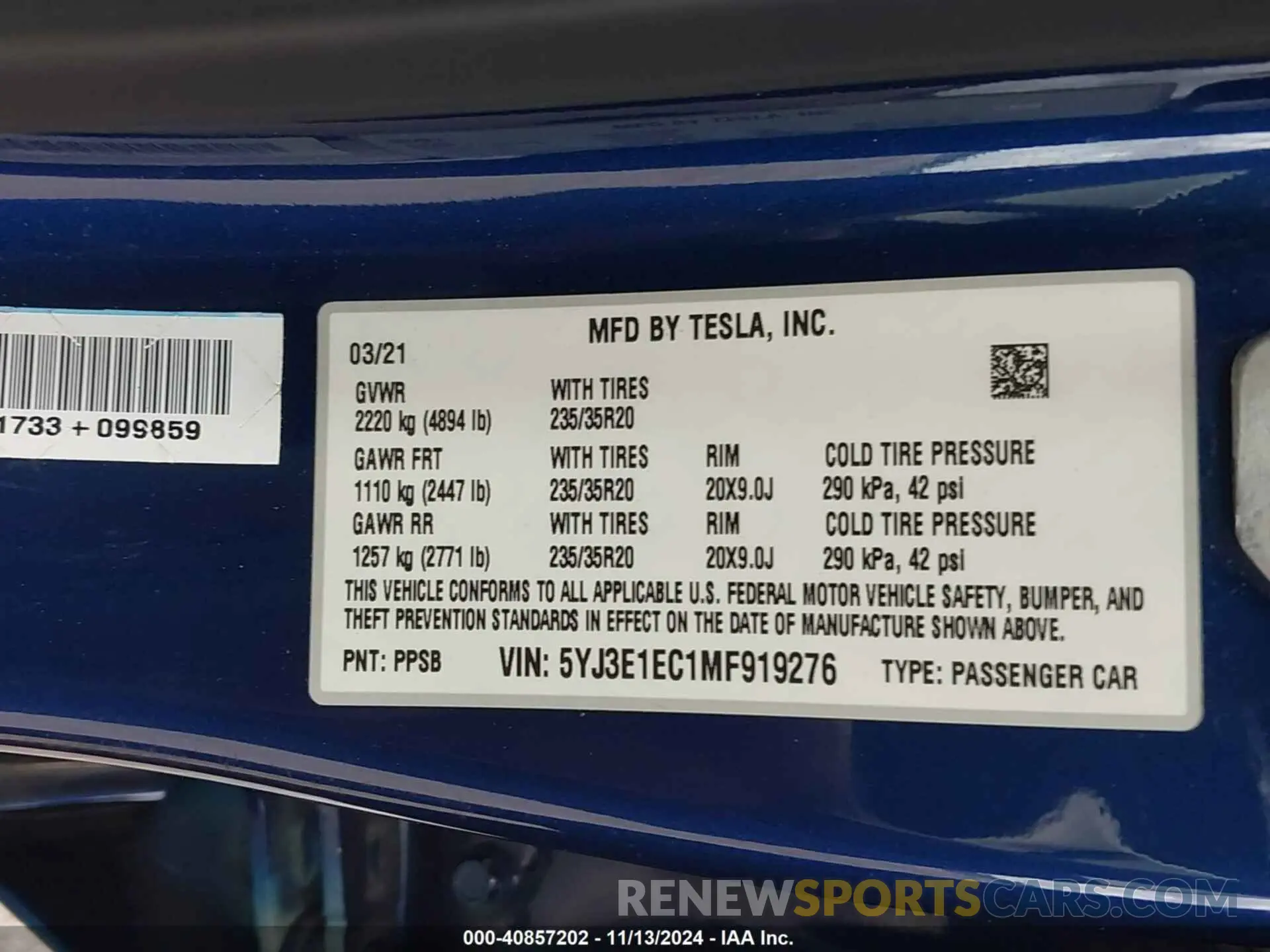 9 Photograph of a damaged car 5YJ3E1EC1MF919276 TESLA MODEL 3 2021