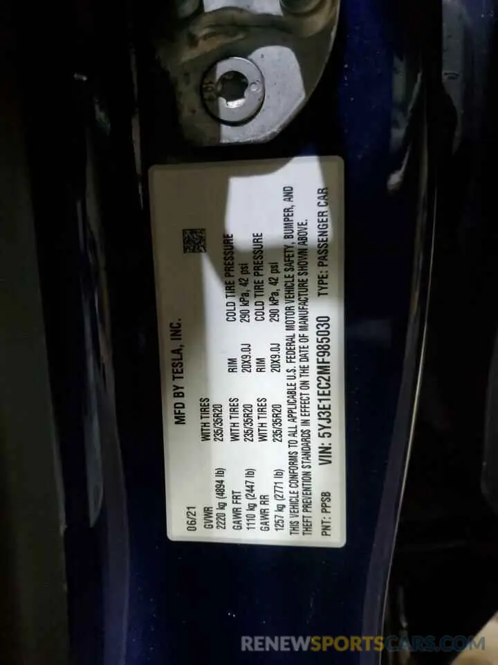 15 Photograph of a damaged car 5YJ3E1EC2MF985030 TESLA MODEL 3 2021