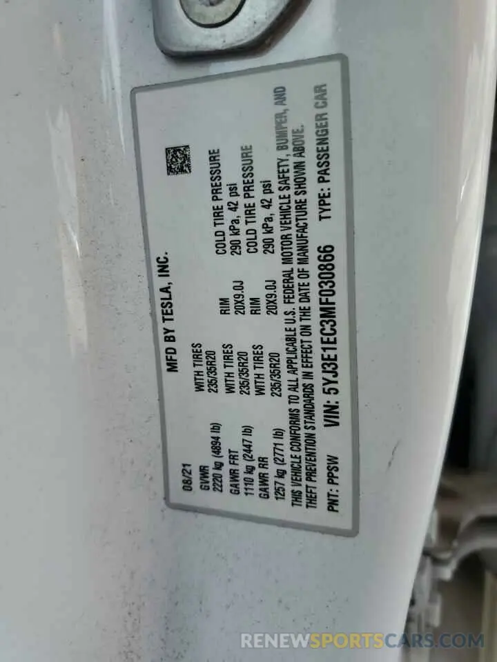 13 Photograph of a damaged car 5YJ3E1EC3MF030866 TESLA MODEL 3 2021