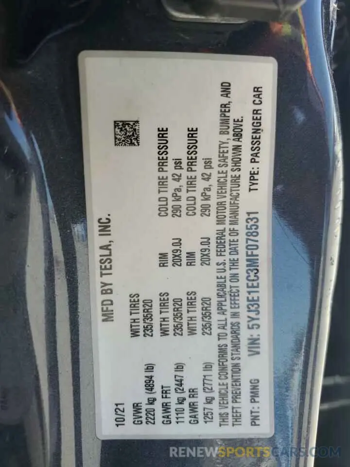 12 Photograph of a damaged car 5YJ3E1EC3MF078531 TESLA MODEL 3 2021