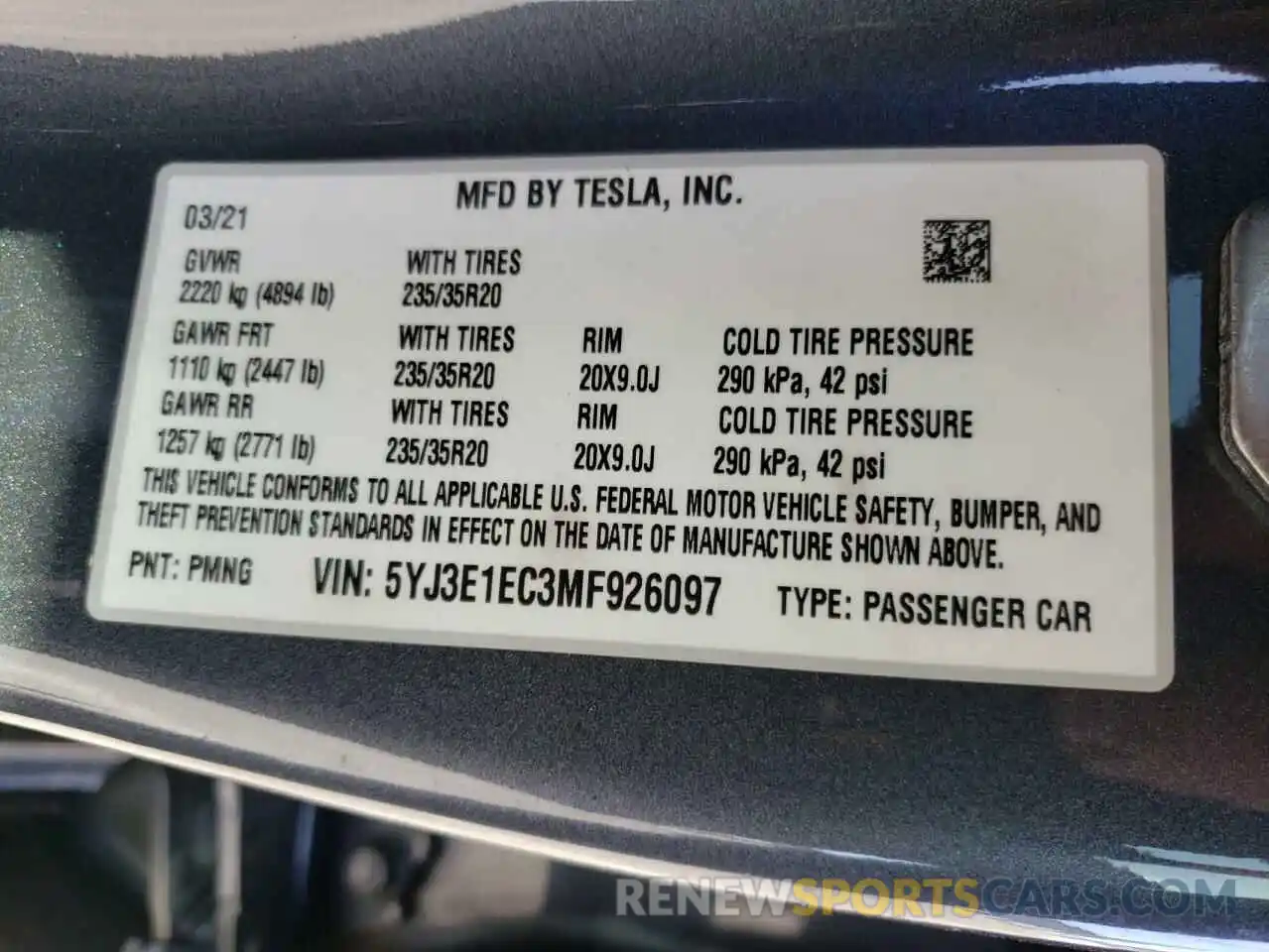 10 Photograph of a damaged car 5YJ3E1EC3MF926097 TESLA MODEL 3 2021