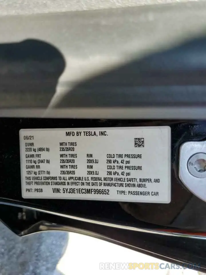 12 Photograph of a damaged car 5YJ3E1EC3MF996652 TESLA MODEL 3 2021