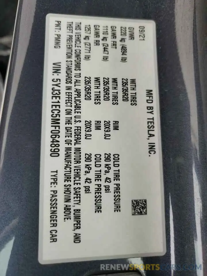 12 Photograph of a damaged car 5YJ3E1EC5MF064890 TESLA MODEL 3 2021