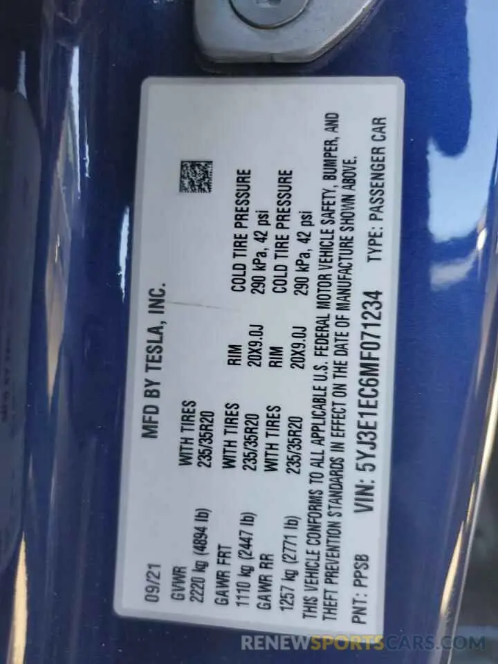 13 Photograph of a damaged car 5YJ3E1EC6MF071234 TESLA MODEL 3 2021