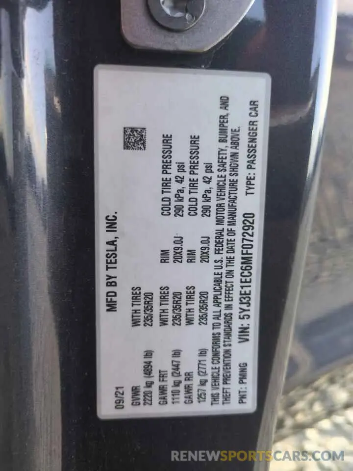 13 Photograph of a damaged car 5YJ3E1EC6MF072920 TESLA MODEL 3 2021