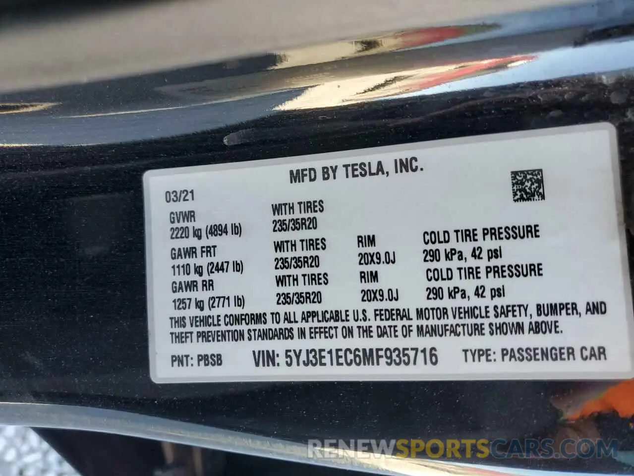 15 Photograph of a damaged car 5YJ3E1EC6MF935716 TESLA MODEL 3 2021