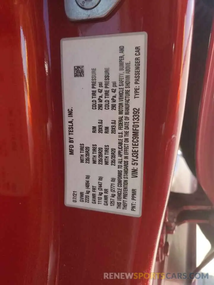 14 Photograph of a damaged car 5YJ3E1EC9MF013392 TESLA MODEL 3 2021