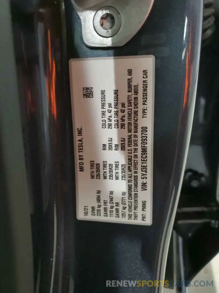 13 Photograph of a damaged car 5YJ3E1EC9MF093700 TESLA MODEL 3 2021