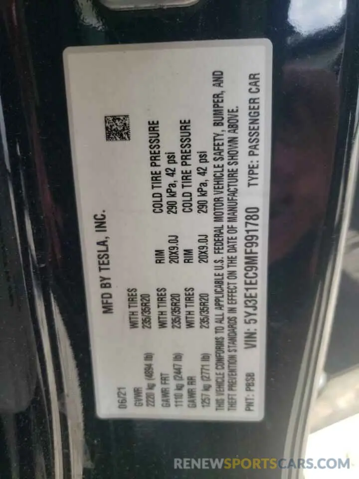 13 Photograph of a damaged car 5YJ3E1EC9MF991780 TESLA MODEL 3 2021