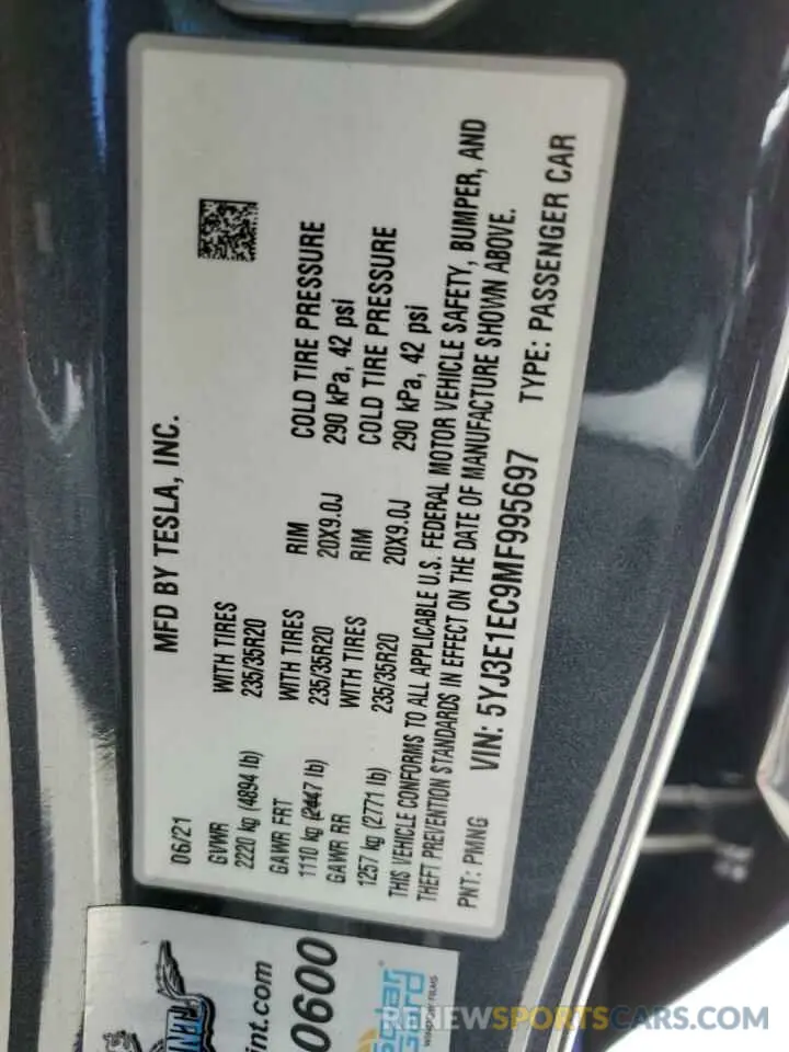 12 Photograph of a damaged car 5YJ3E1EC9MF995697 TESLA MODEL 3 2021