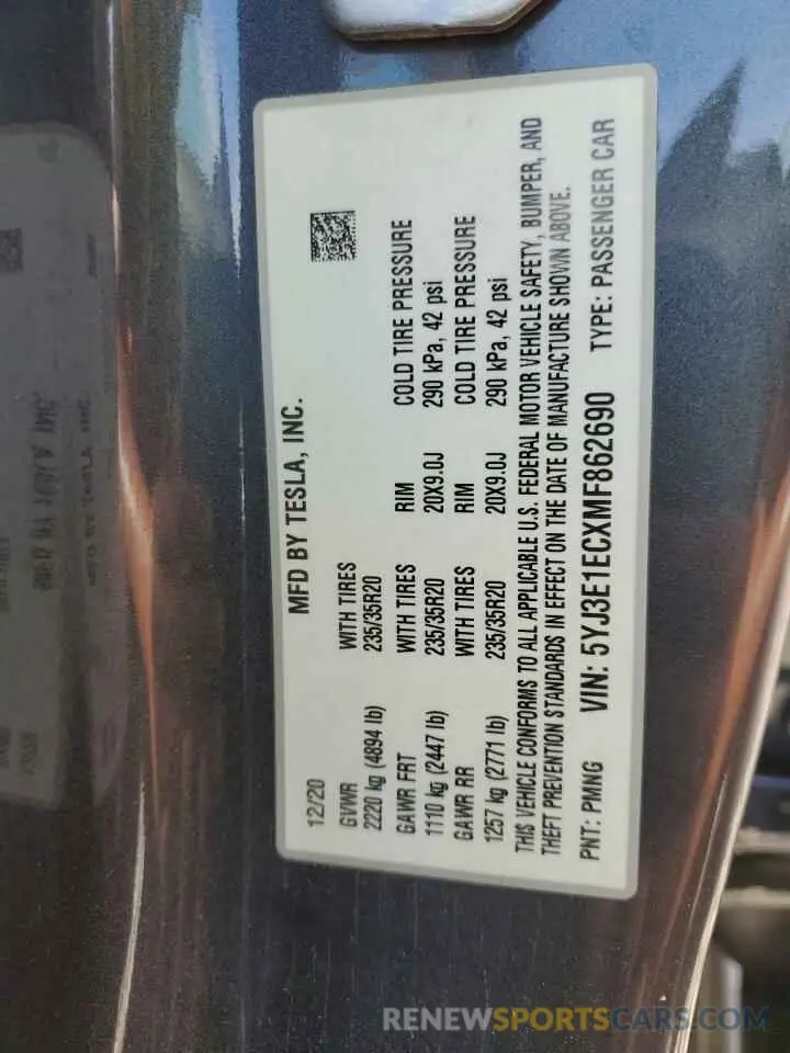 12 Photograph of a damaged car 5YJ3E1ECXMF862690 TESLA MODEL 3 2021