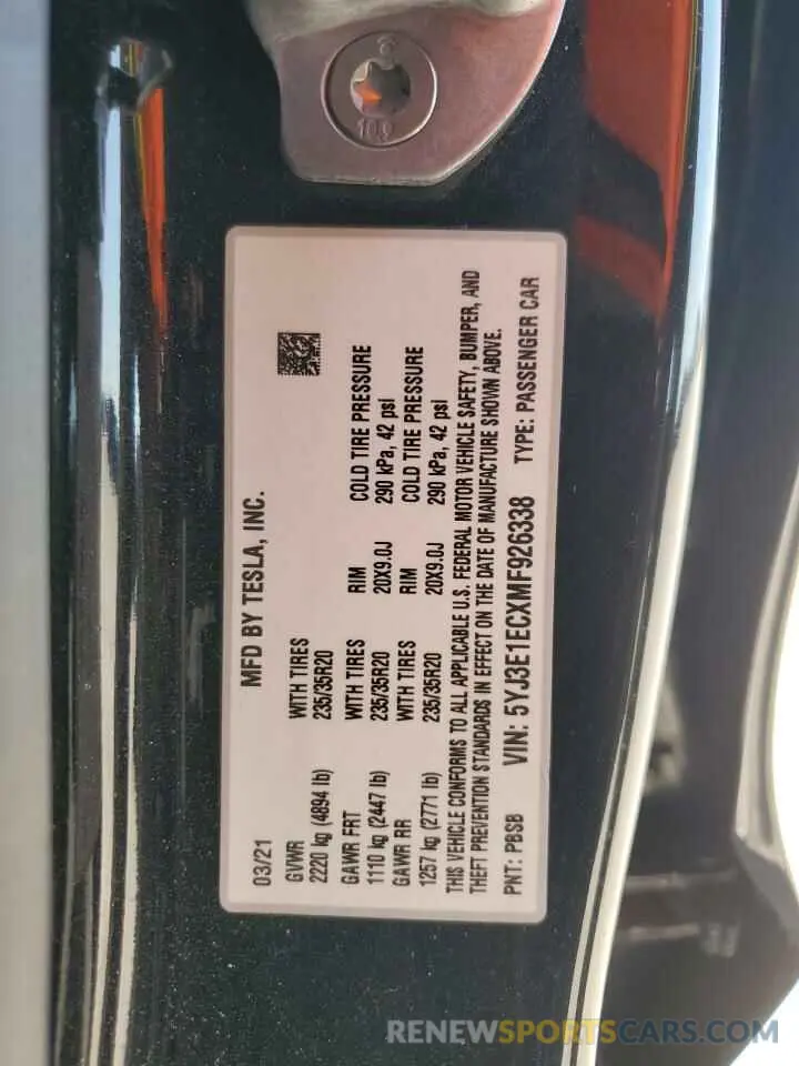 13 Photograph of a damaged car 5YJ3E1ECXMF926338 TESLA MODEL 3 2021