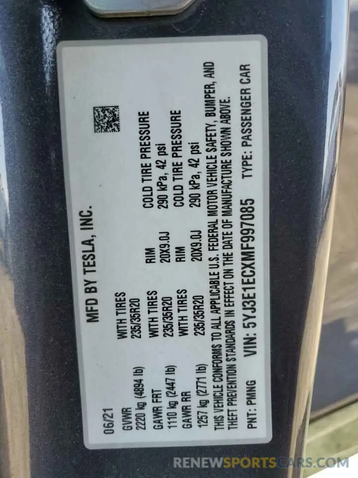 12 Photograph of a damaged car 5YJ3E1ECXMF997085 TESLA MODEL 3 2021