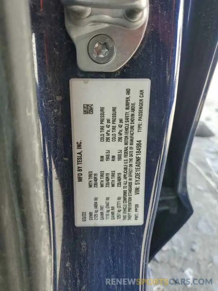 12 Photograph of a damaged car 5YJ3E1EA0NF184984 TESLA MODEL 3 2022