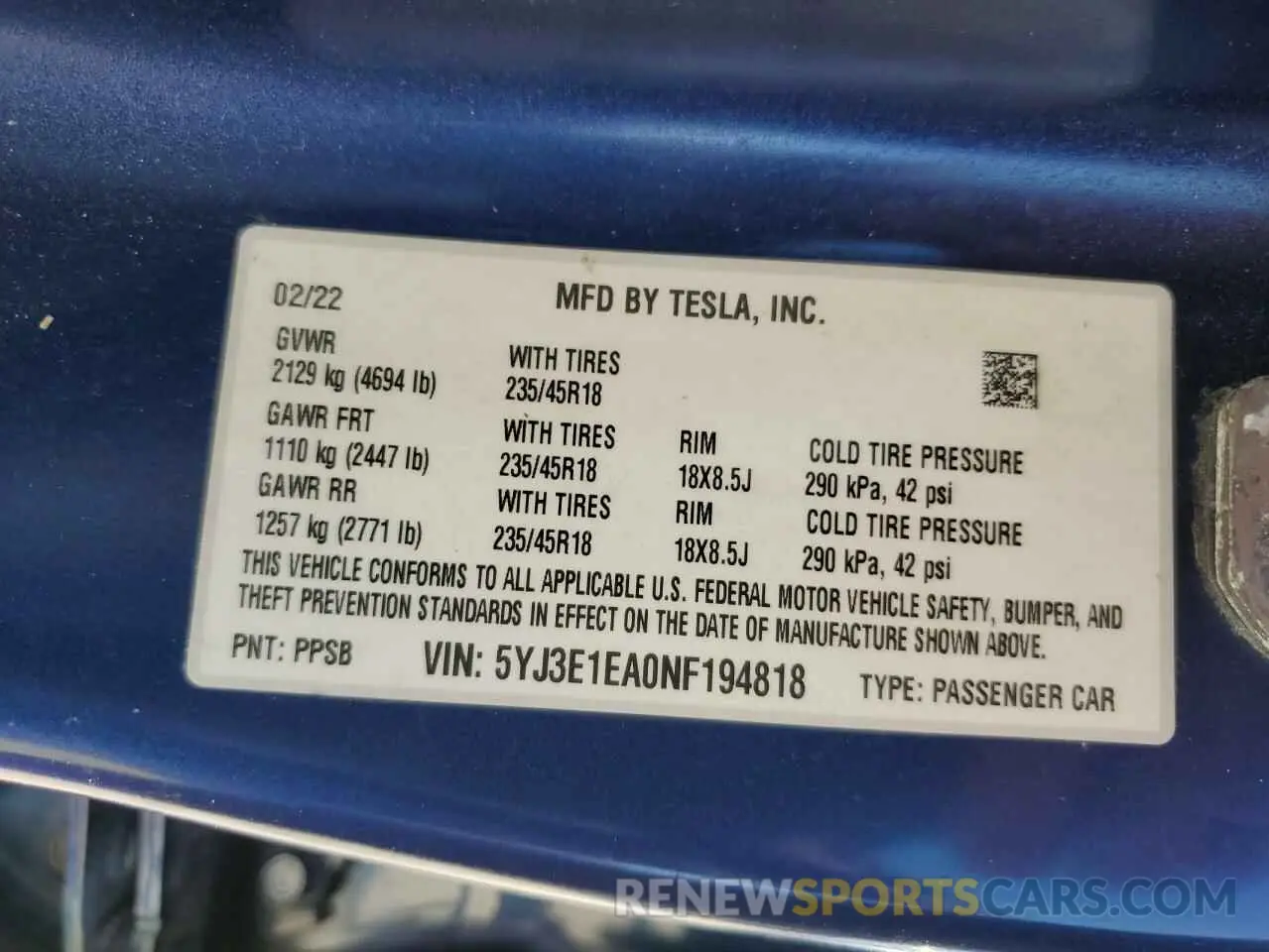 13 Photograph of a damaged car 5YJ3E1EA0NF194818 TESLA MODEL 3 2022
