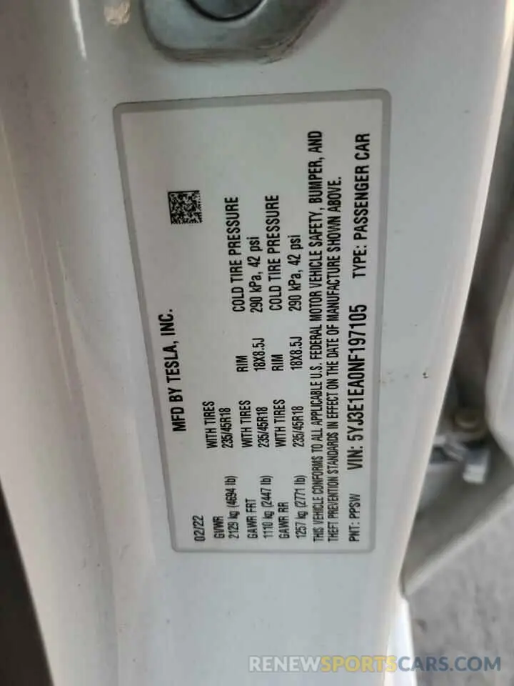 13 Photograph of a damaged car 5YJ3E1EA0NF197105 TESLA MODEL 3 2022