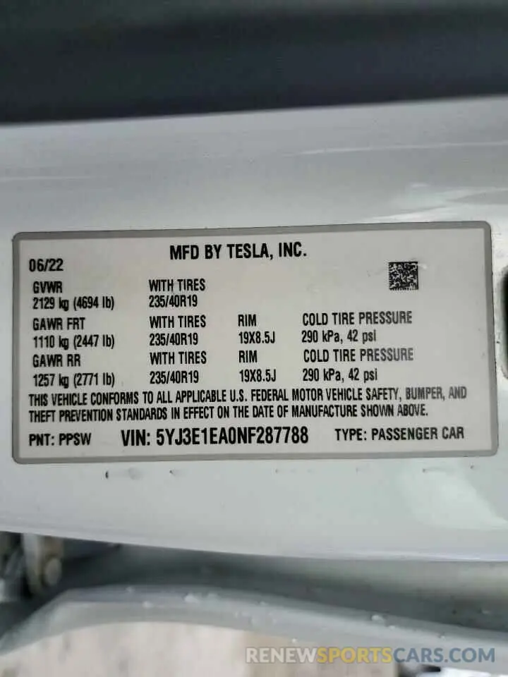12 Photograph of a damaged car 5YJ3E1EA0NF287788 TESLA MODEL 3 2022