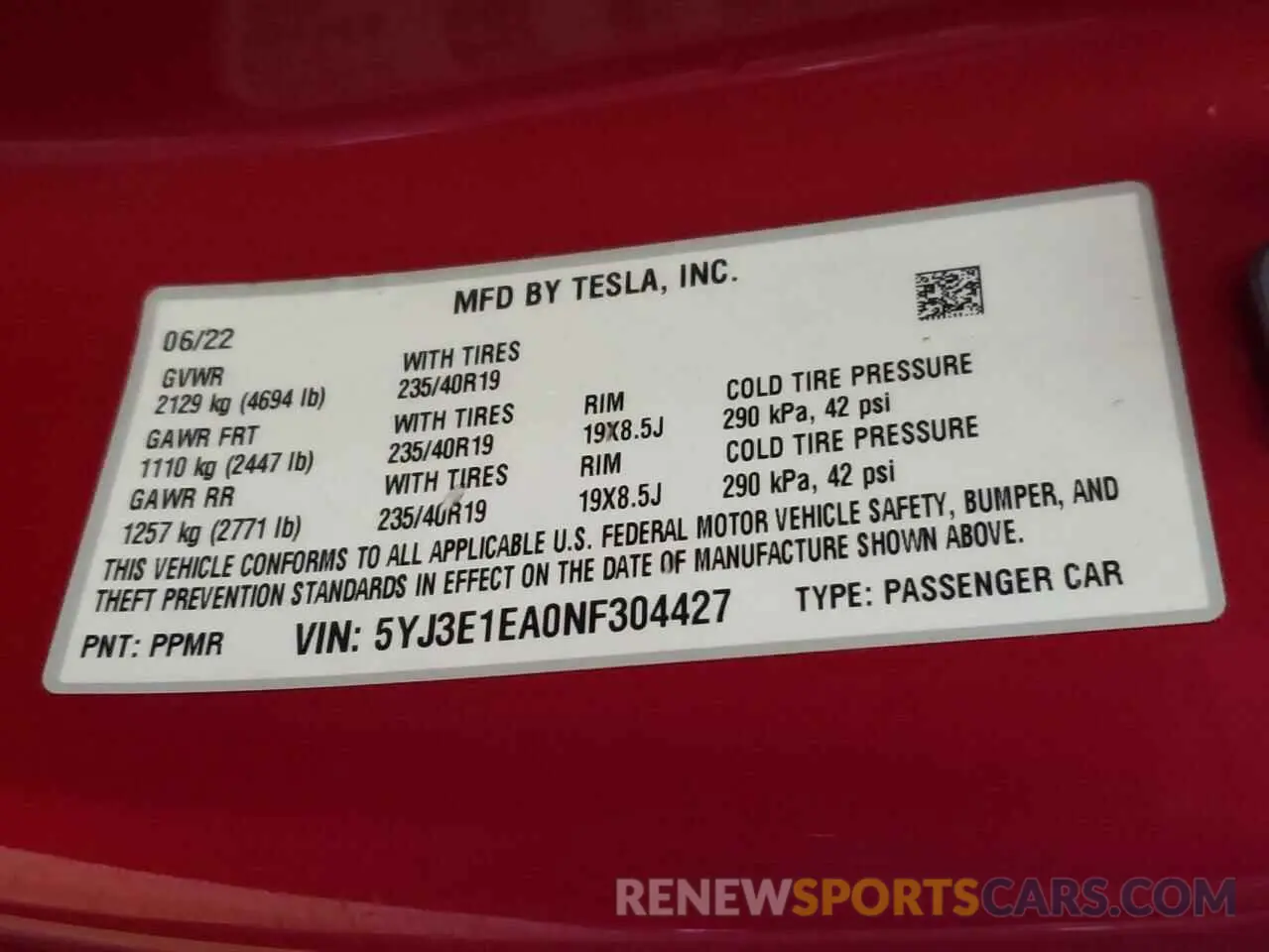 12 Photograph of a damaged car 5YJ3E1EA0NF304427 TESLA MODEL 3 2022