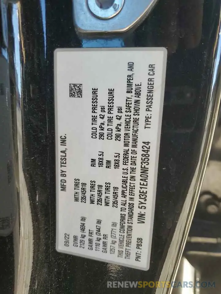 12 Photograph of a damaged car 5YJ3E1EA0NF358424 TESLA MODEL 3 2022