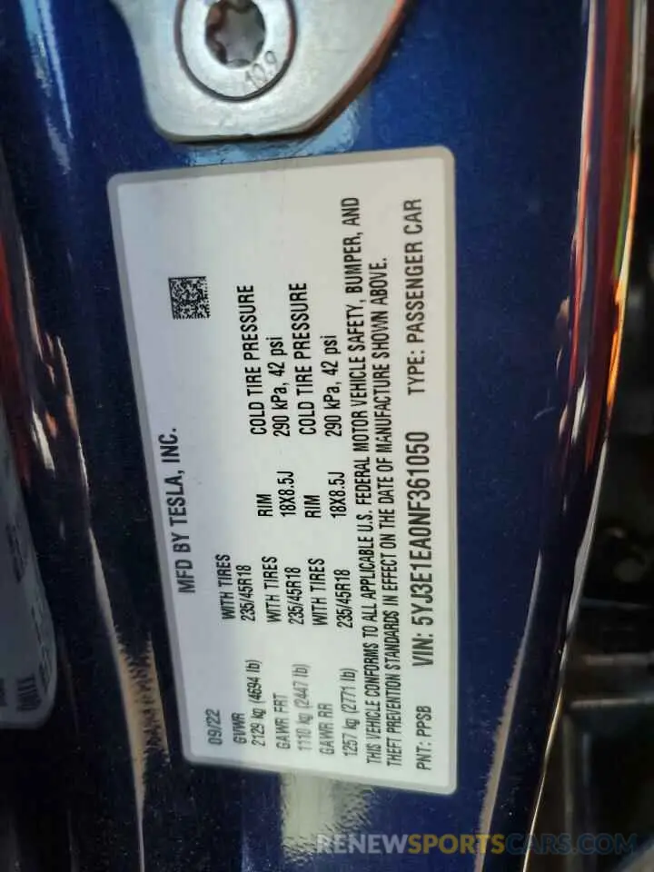 15 Photograph of a damaged car 5YJ3E1EA0NF361050 TESLA MODEL 3 2022