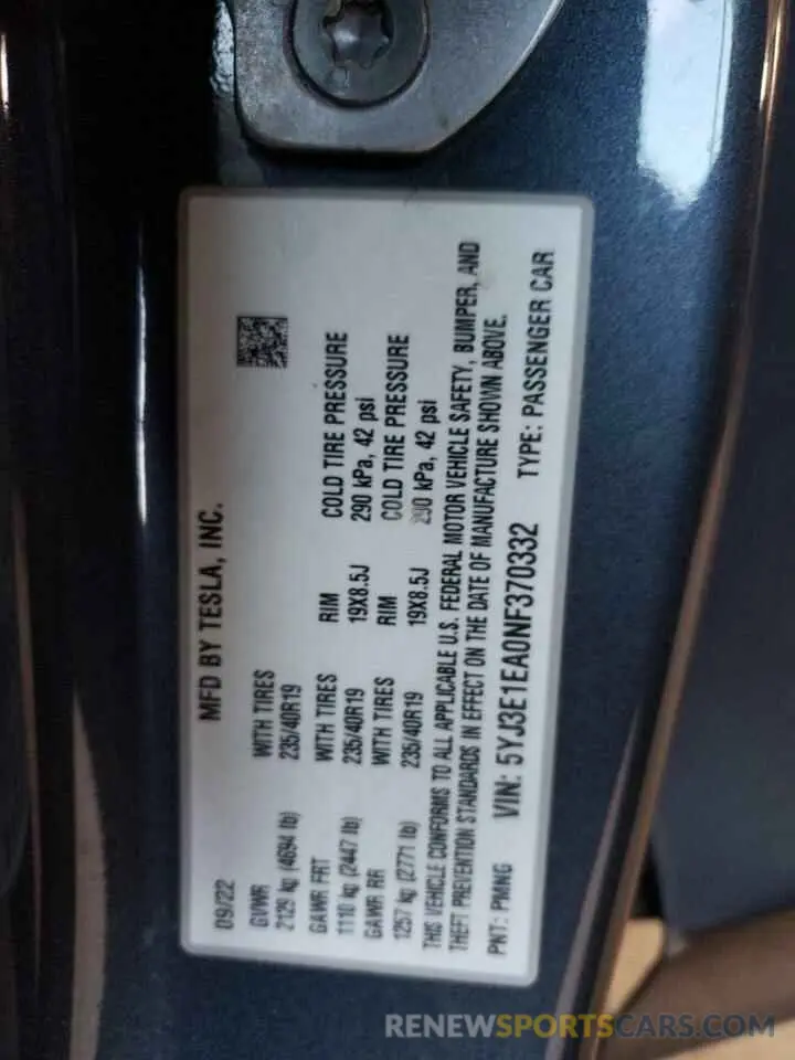 13 Photograph of a damaged car 5YJ3E1EA0NF370332 TESLA MODEL 3 2022