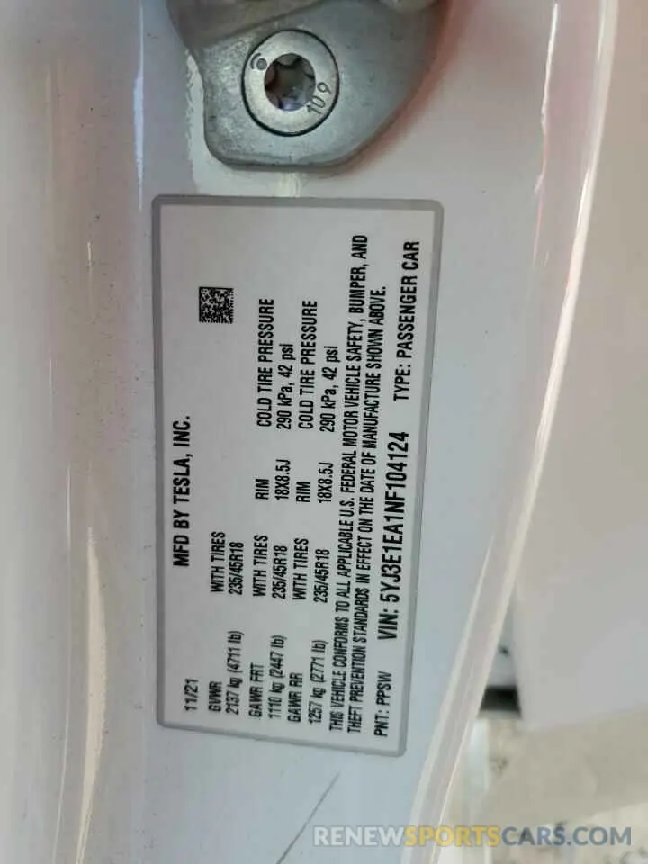 12 Photograph of a damaged car 5YJ3E1EA1NF104124 TESLA MODEL 3 2022