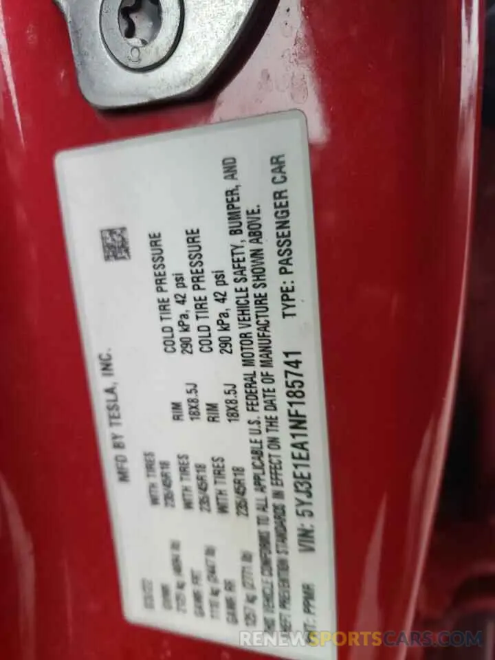 12 Photograph of a damaged car 5YJ3E1EA1NF185741 TESLA MODEL 3 2022