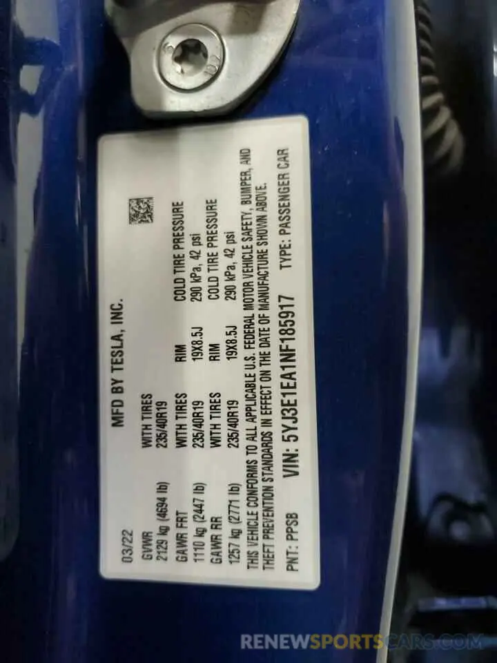 12 Photograph of a damaged car 5YJ3E1EA1NF185917 TESLA MODEL 3 2022