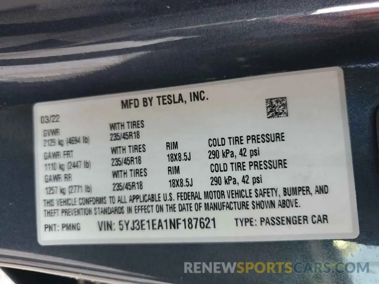13 Photograph of a damaged car 5YJ3E1EA1NF187621 TESLA MODEL 3 2022
