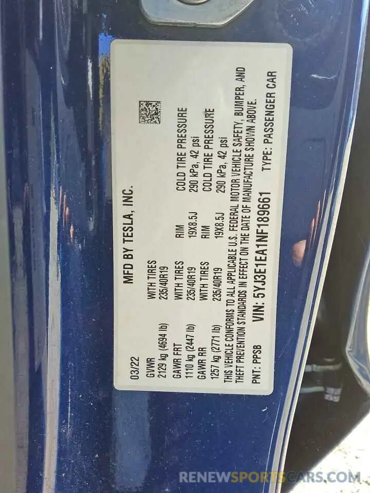 12 Photograph of a damaged car 5YJ3E1EA1NF189661 TESLA MODEL 3 2022