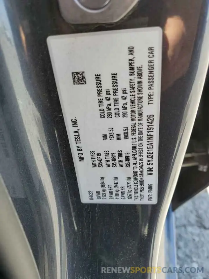 12 Photograph of a damaged car 5YJ3E1EA1NF191426 TESLA MODEL 3 2022