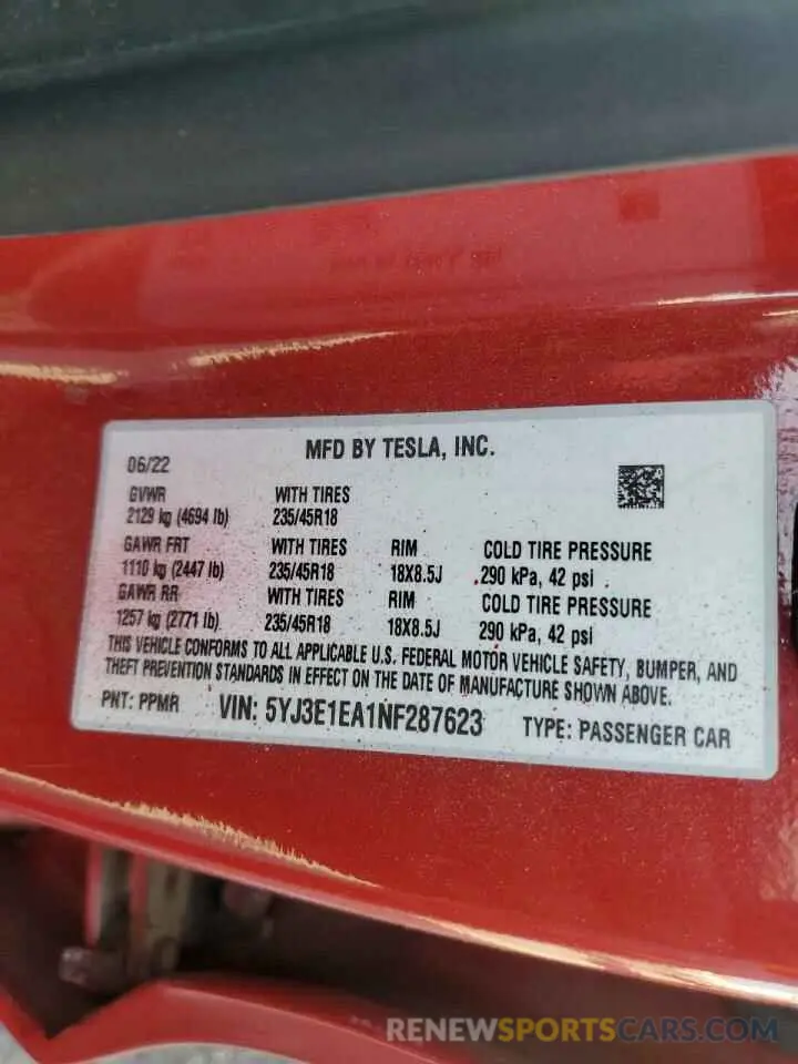12 Photograph of a damaged car 5YJ3E1EA1NF287623 TESLA MODEL 3 2022