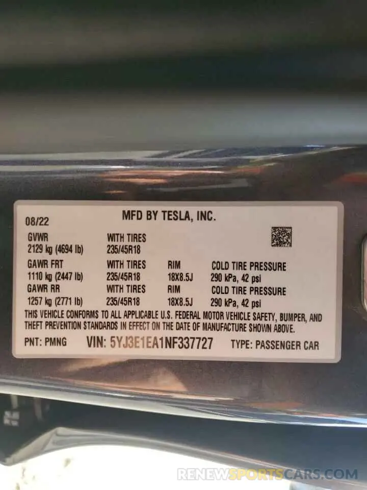 13 Photograph of a damaged car 5YJ3E1EA1NF337727 TESLA MODEL 3 2022