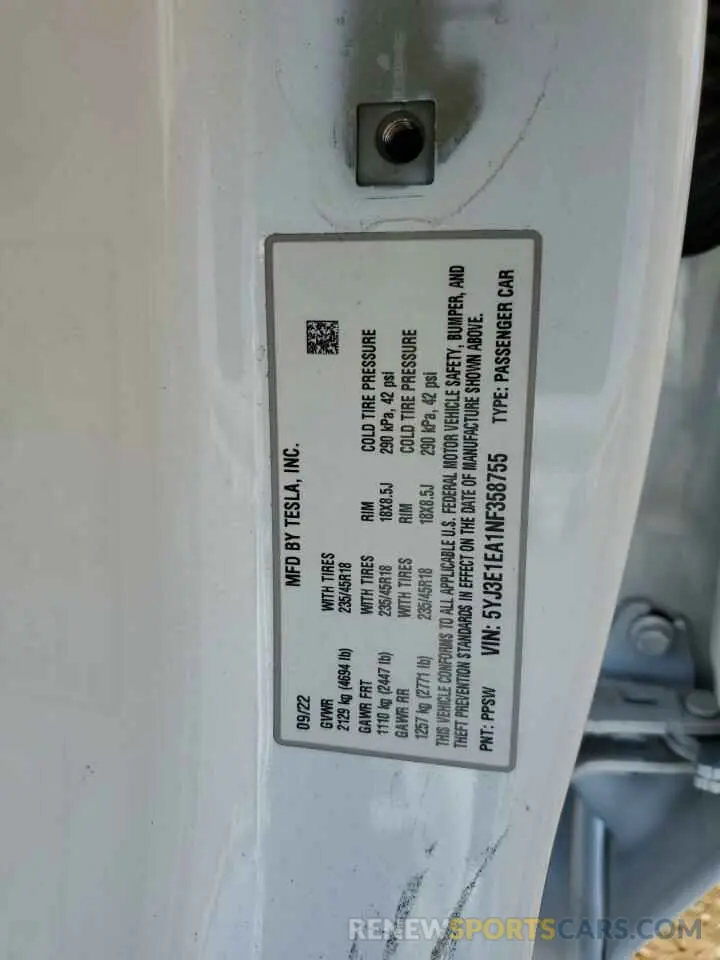13 Photograph of a damaged car 5YJ3E1EA1NF358755 TESLA MODEL 3 2022