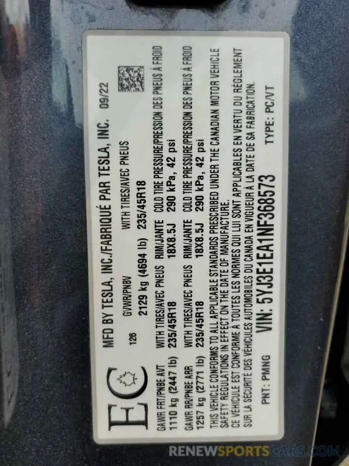 12 Photograph of a damaged car 5YJ3E1EA1NF368573 TESLA MODEL 3 2022