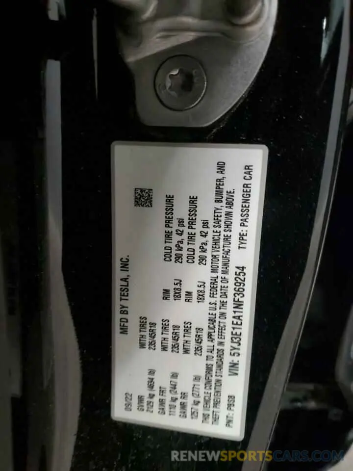 12 Photograph of a damaged car 5YJ3E1EA1NF369254 TESLA MODEL 3 2022
