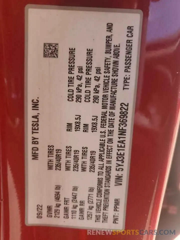 13 Photograph of a damaged car 5YJ3E1EA1NF369822 TESLA MODEL 3 2022
