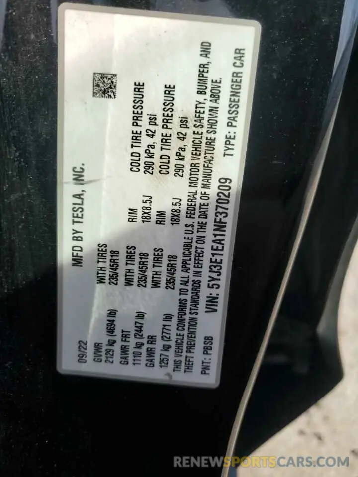 12 Photograph of a damaged car 5YJ3E1EA1NF370209 TESLA MODEL 3 2022