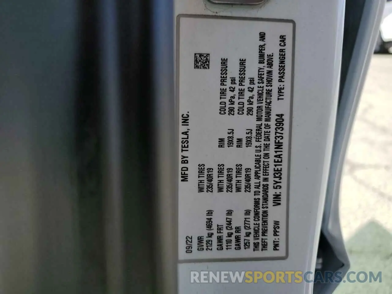 12 Photograph of a damaged car 5YJ3E1EA1NF373904 TESLA MODEL 3 2022