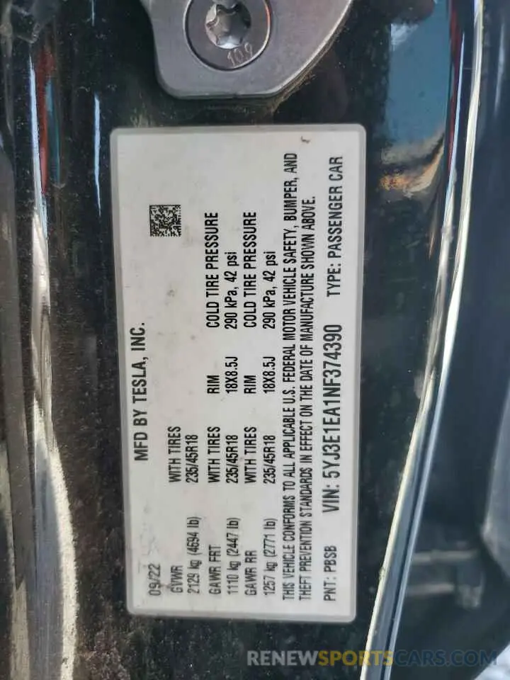 12 Photograph of a damaged car 5YJ3E1EA1NF374390 TESLA MODEL 3 2022