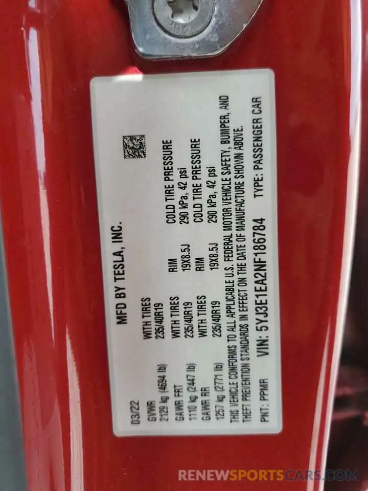 12 Photograph of a damaged car 5YJ3E1EA2NF186784 TESLA MODEL 3 2022