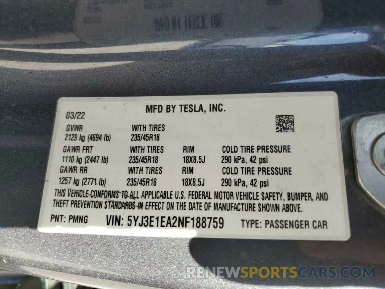 13 Photograph of a damaged car 5YJ3E1EA2NF188759 TESLA MODEL 3 2022
